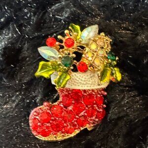 Vintage Christmas Santa Boot Brooch Christmas Stocking Pin Rhinestones